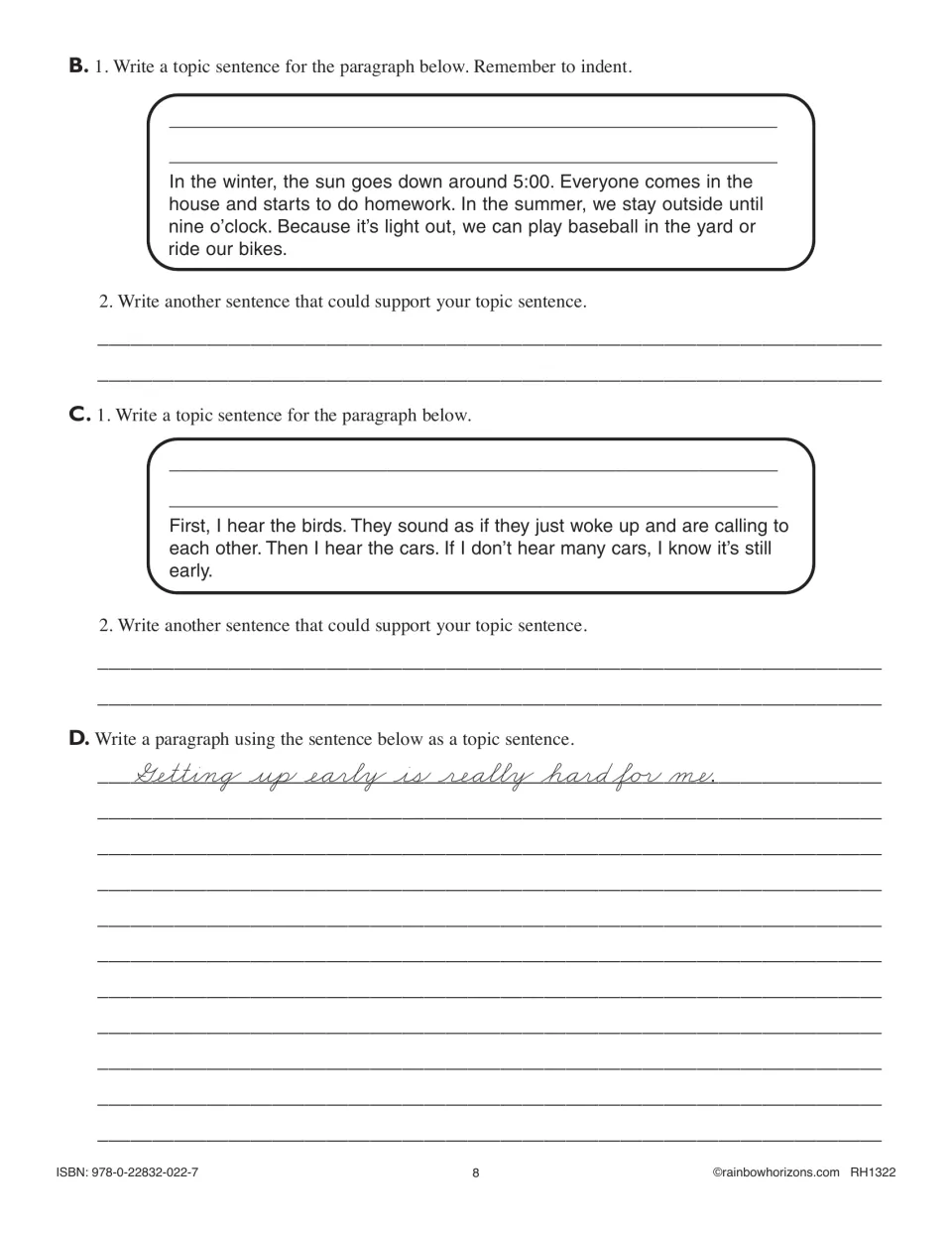 Lesson 1 continues with topic sentences, supporting details, and a paragraph about difficulty getting up early