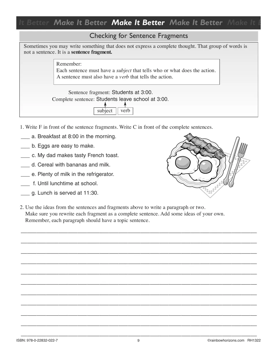 Lesson 1 editing practice asks students to identify sentence fragments and rewrite them in complete paragraphs