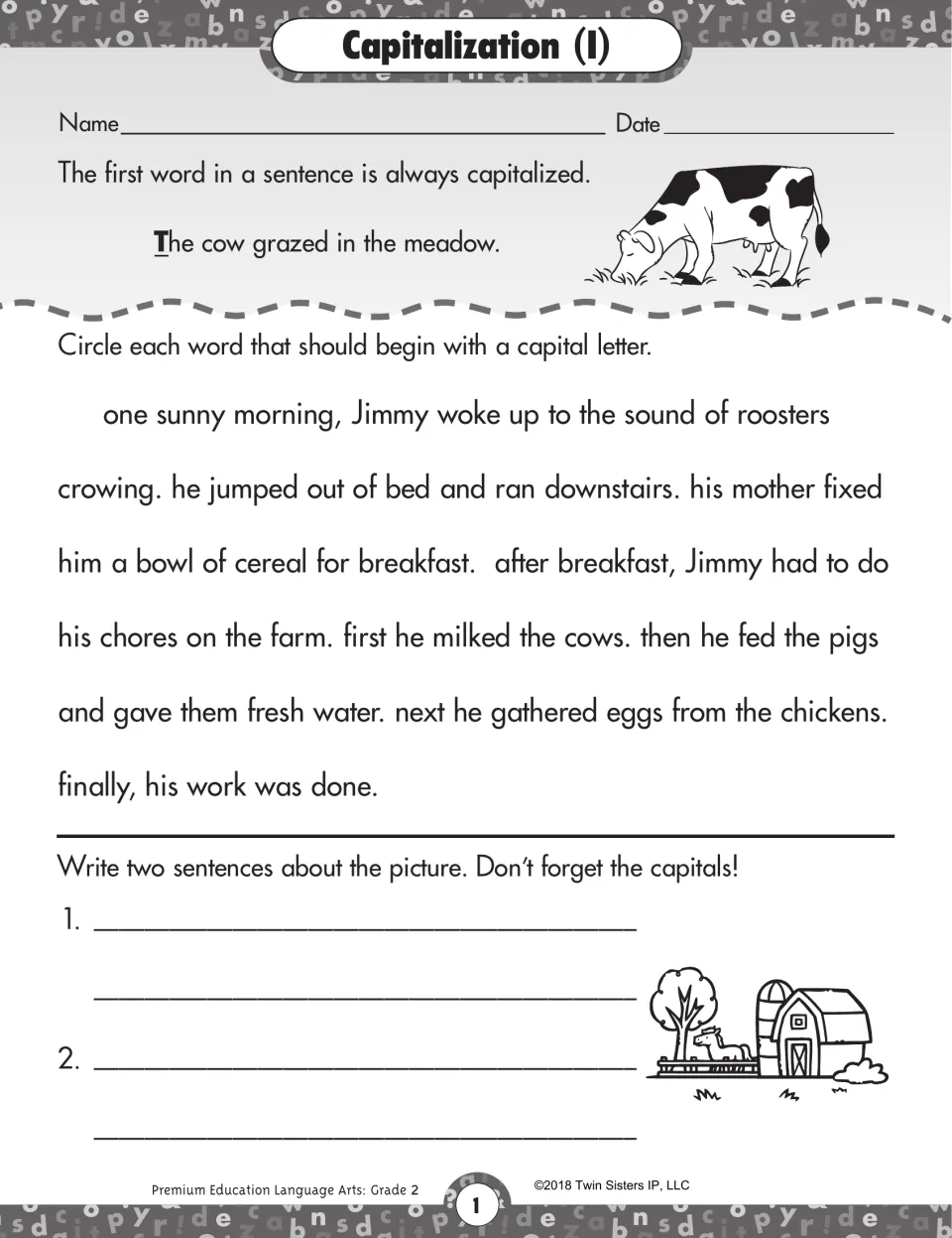 Capitalization (I): students circle words that need a capital at sentence starts in a farm story, then write two sentences