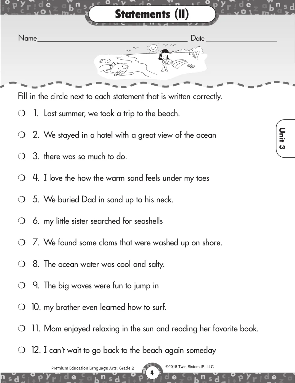 Statements (II): students check 12 beach-trip sentences for capitals and periods, filling the circle by each correct one