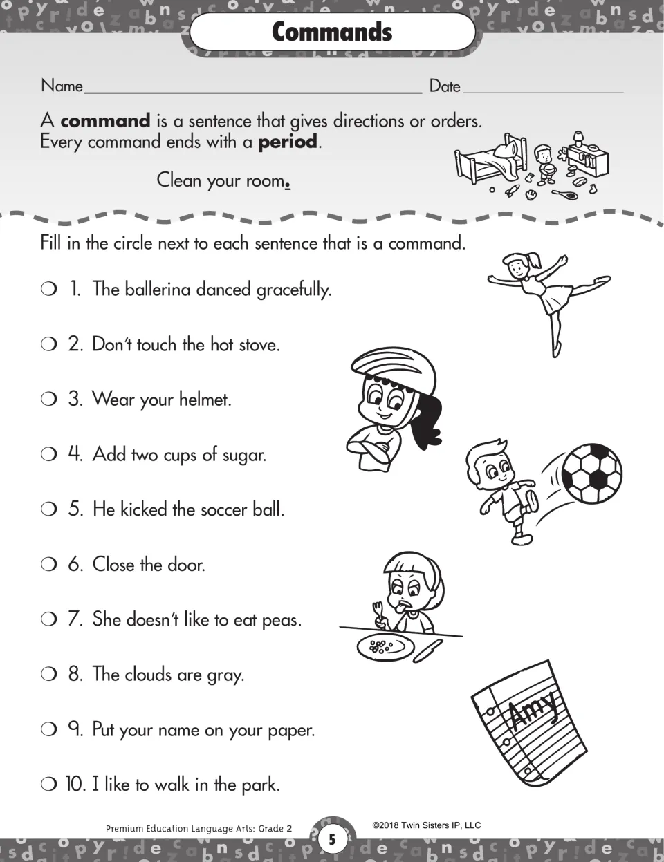 Commands: students pick out the sentences that give directions, such as Close the door, from 10 mixed items