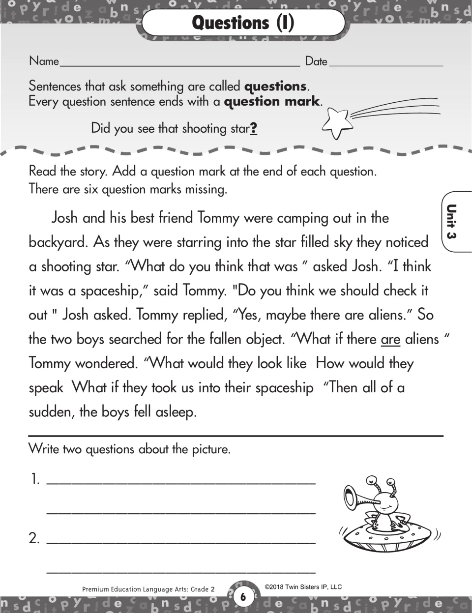 Questions (I): students add six missing question marks to a camping story about a shooting star, then write two questions