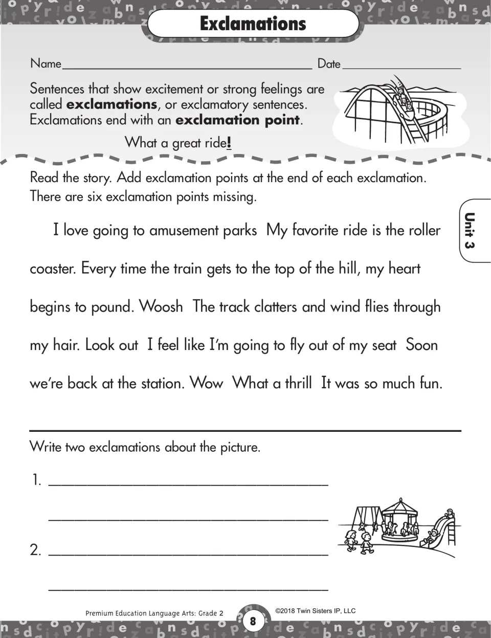 Exclamations: students add six missing exclamation points to a roller coaster story, then write two about a playground