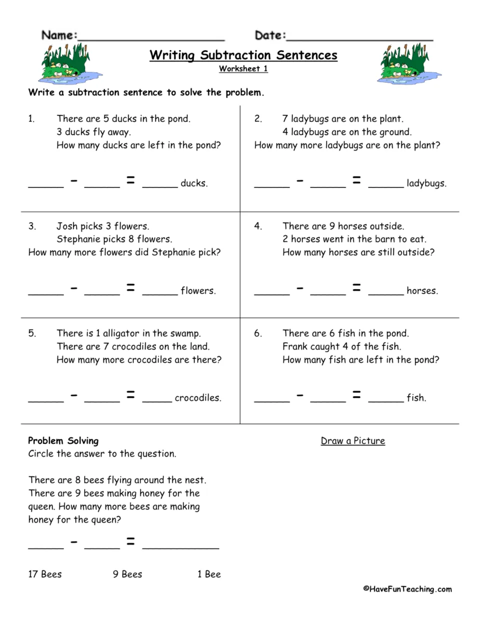 Subtraction worksheet 1: seven word problems about ducks, ladybugs, flowers, horses, crocodiles, fish and bees