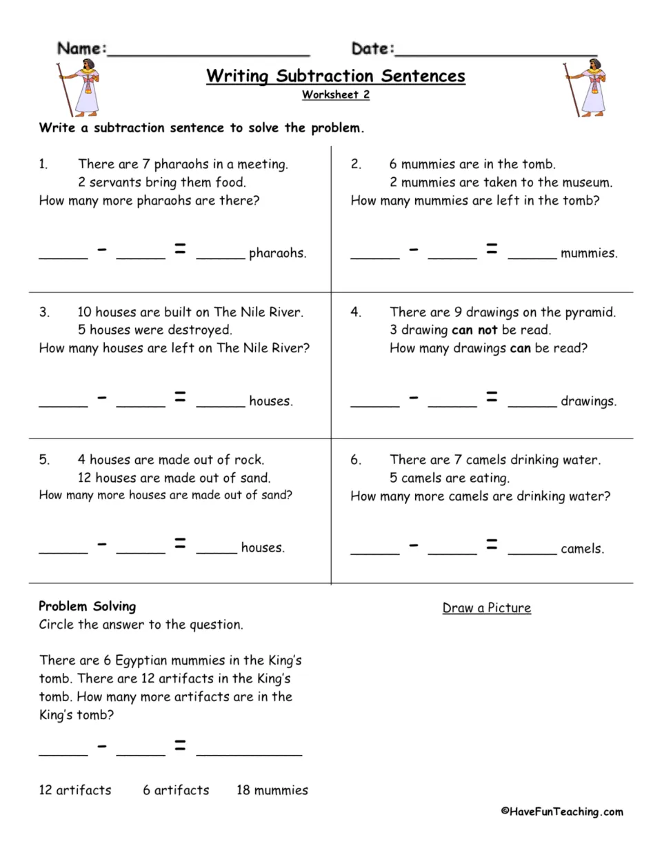 Subtraction worksheet 2: seven word problems about pharaohs, mummies, houses, pyramid drawings and camels