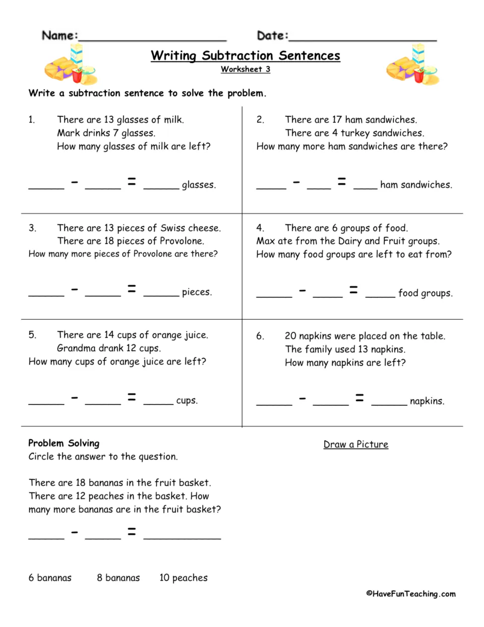 Subtraction worksheet 3: seven word problems about milk, sandwiches, cheese, food groups, juice, napkins and fruit