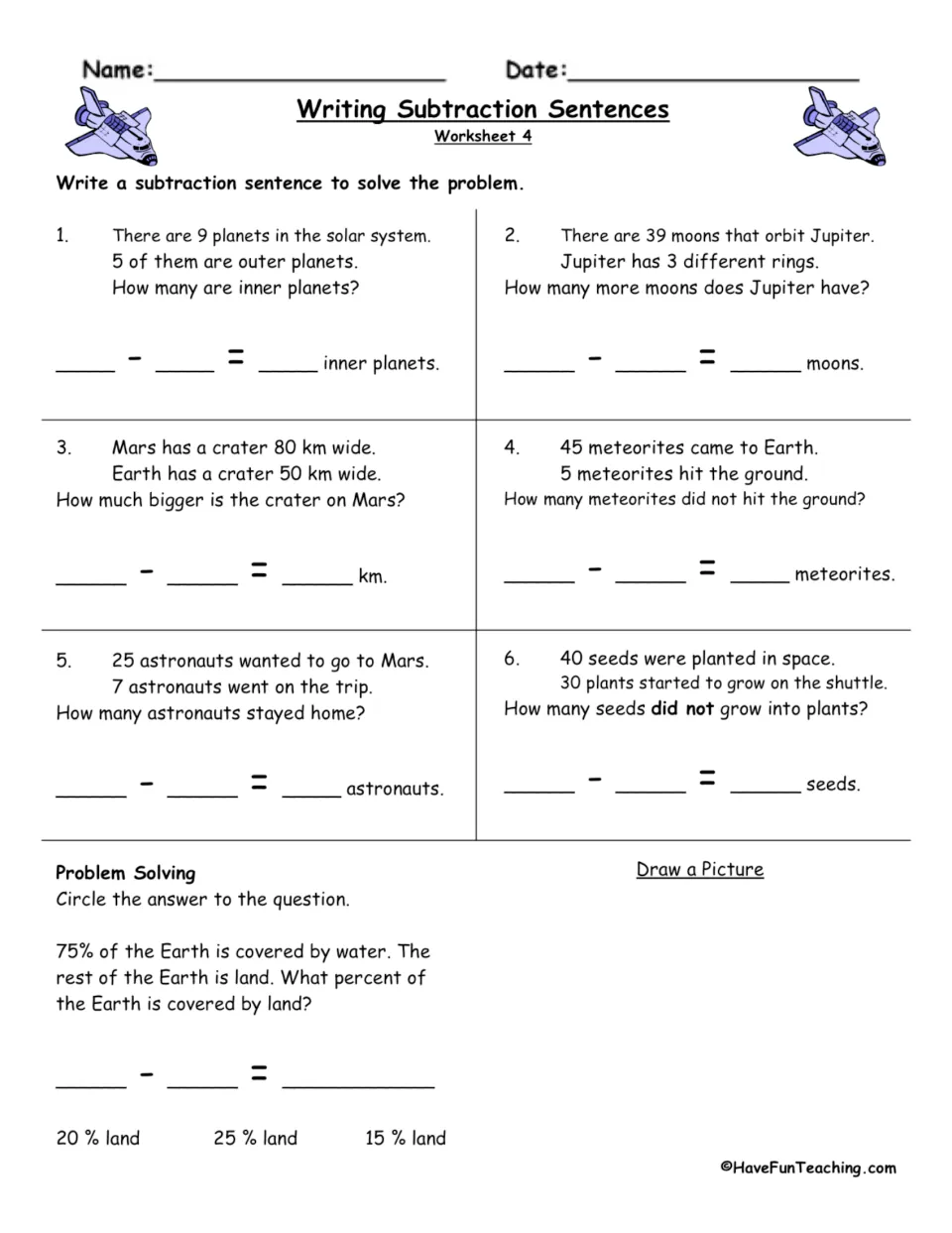 Subtraction worksheet 4: seven word problems about planets, moons, craters, meteorites, astronauts and more
