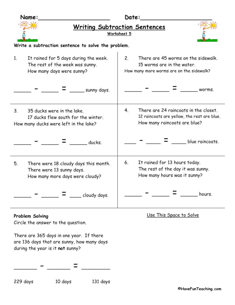 Subtraction worksheet 5: seven word problems about rainy days, worms, ducks, raincoats and sunny periods