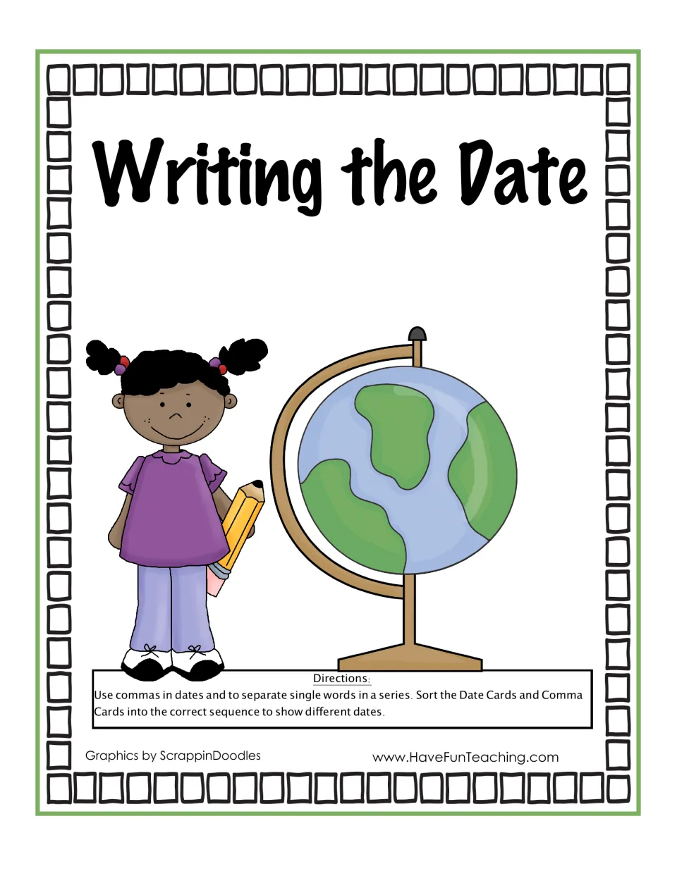 Writing the Date cover: directions to sort Date Cards and Comma Cards into sequence, using commas to show different dates