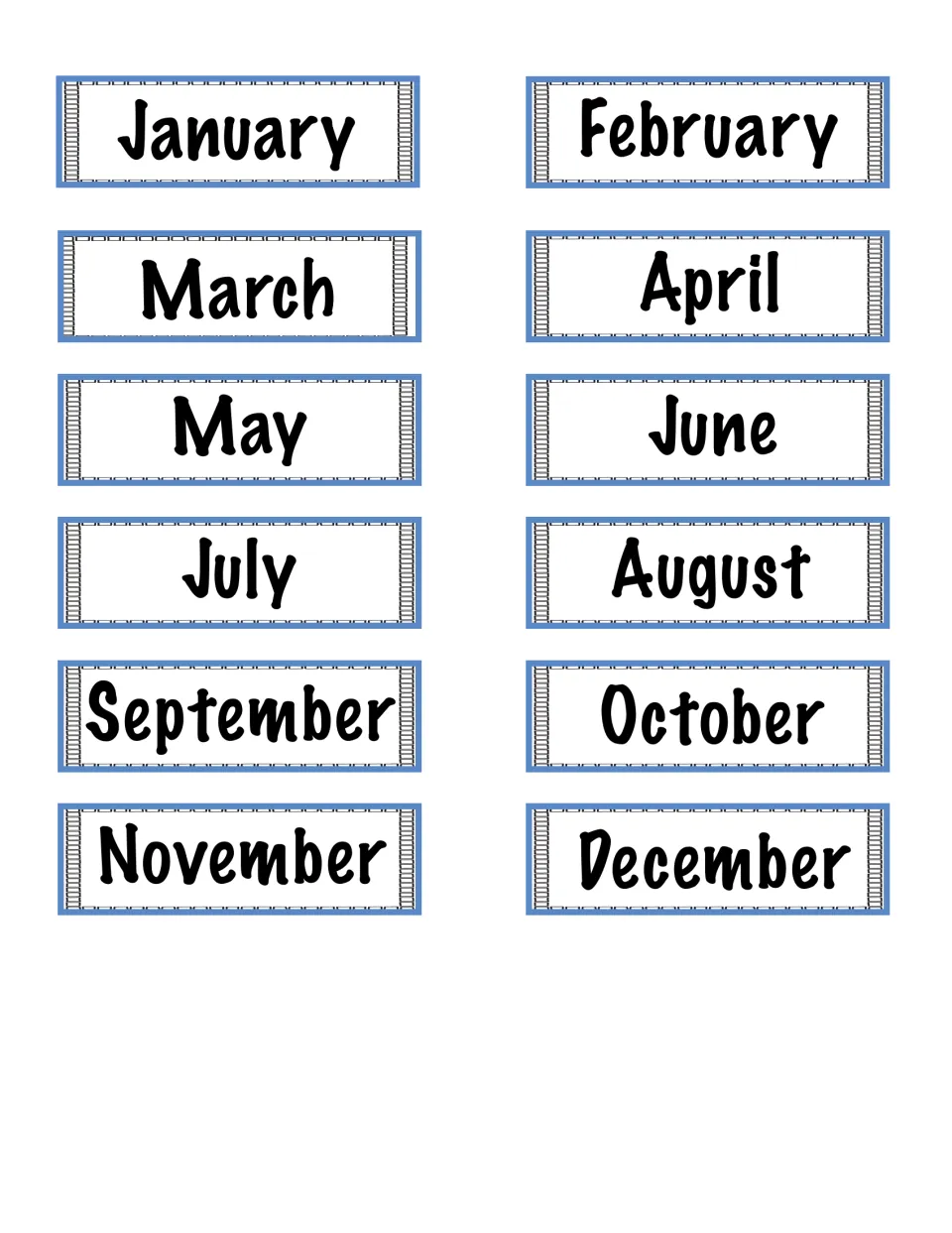 Month name cards for building dates: twelve cut-out cards from January through December to start each written date