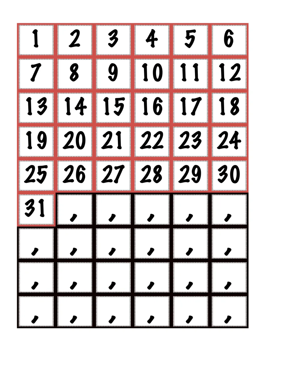 Day number cards 1 to 31 plus 23 comma cards: students place a comma card after the day when writing a full date