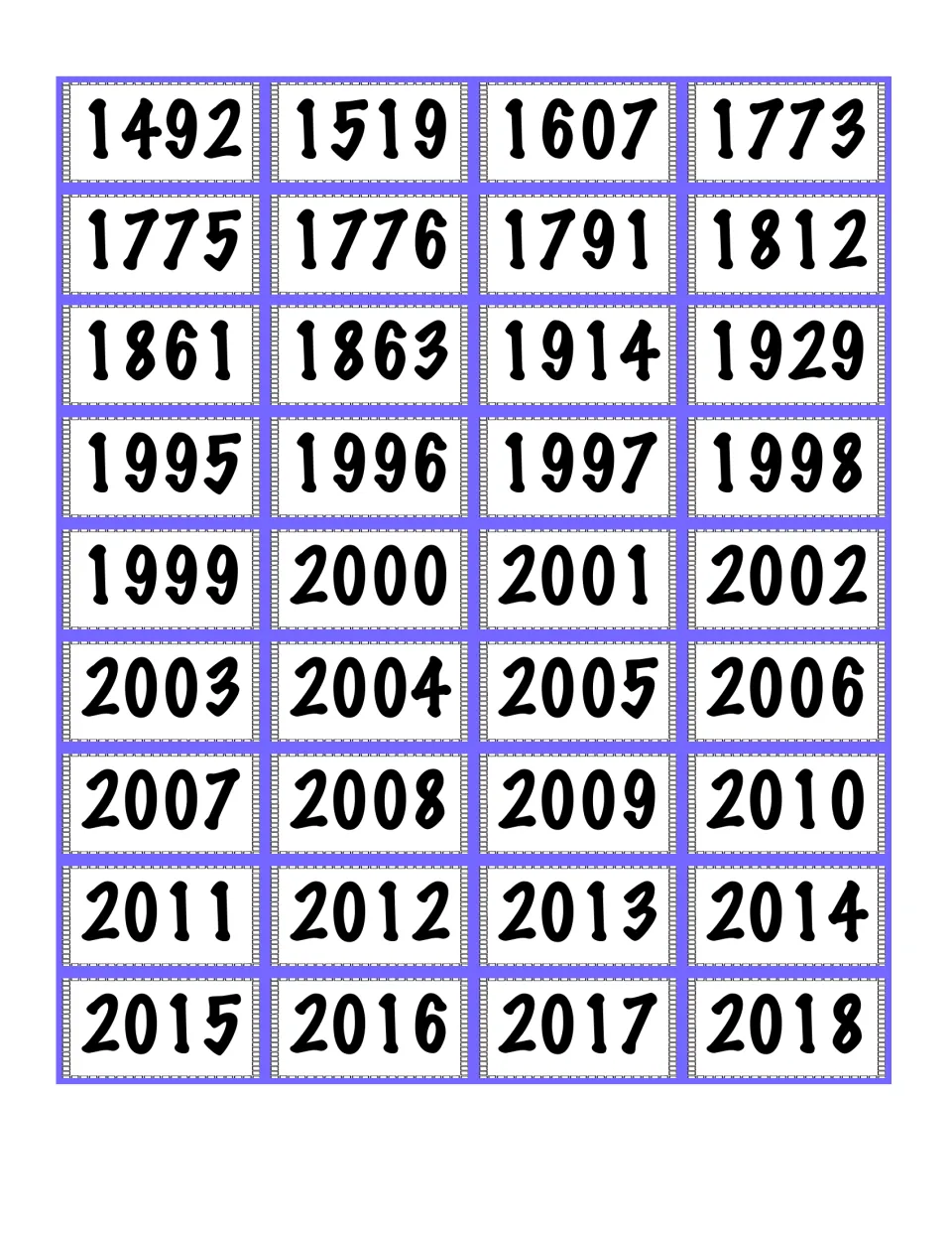 Year cards from 1492 to 2018, including 1776 and 1812, that students add after the comma to finish each date