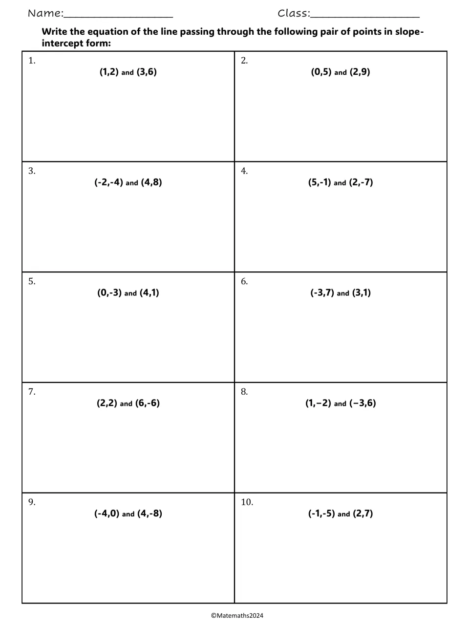 Equation of a line from two points: students write 10 slope-intercept equations, from (1,2) and (3,6) to (-1,-5) and (2,7)