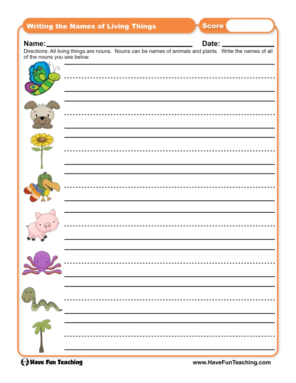 Living things as nouns: students write the name of each pictured animal or plant, such as butterfly, pig and palm tree