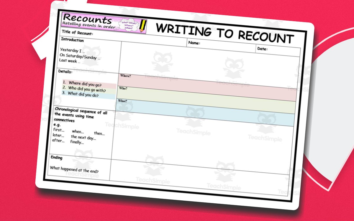 Writing to Recount Template worksheet page with the activity title and student response area.