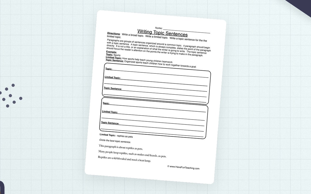 Writing Topic Sentences worksheet with directions and four framed paragraph-topic prompts