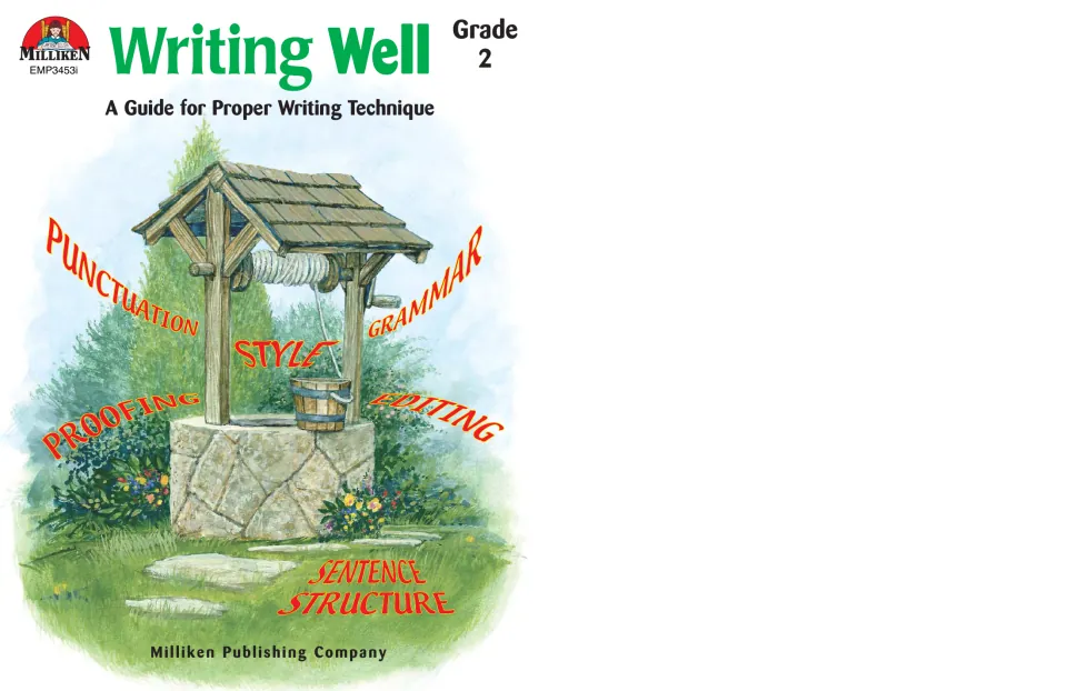 Writing Well Grade 2 cover: a stone wishing well with punctuation, grammar, style, proofing, editing and sentence structure