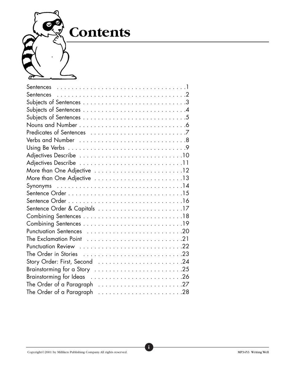 Contents listing 28 lessons from sentences, subjects and adjectives to punctuation, story order and paragraph order