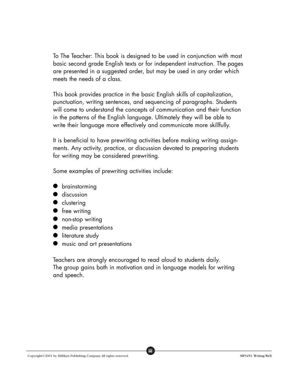Teacher notes on capitalization, punctuation and sentence practice, with a list of prewriting ideas like brainstorming