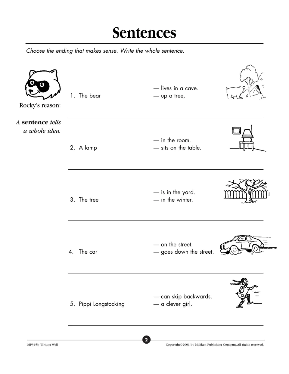 Sentence endings: students pick the ending that makes sense, as in The bear lives in a cave, and write 5 whole sentences