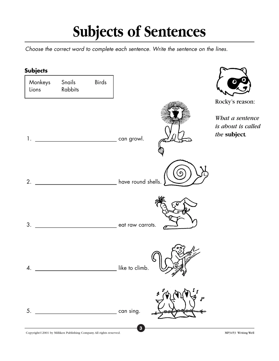 Subjects of sentences: students choose Lions, Snails, Rabbits, Monkeys or Birds to start each of 5 sentences and copy them