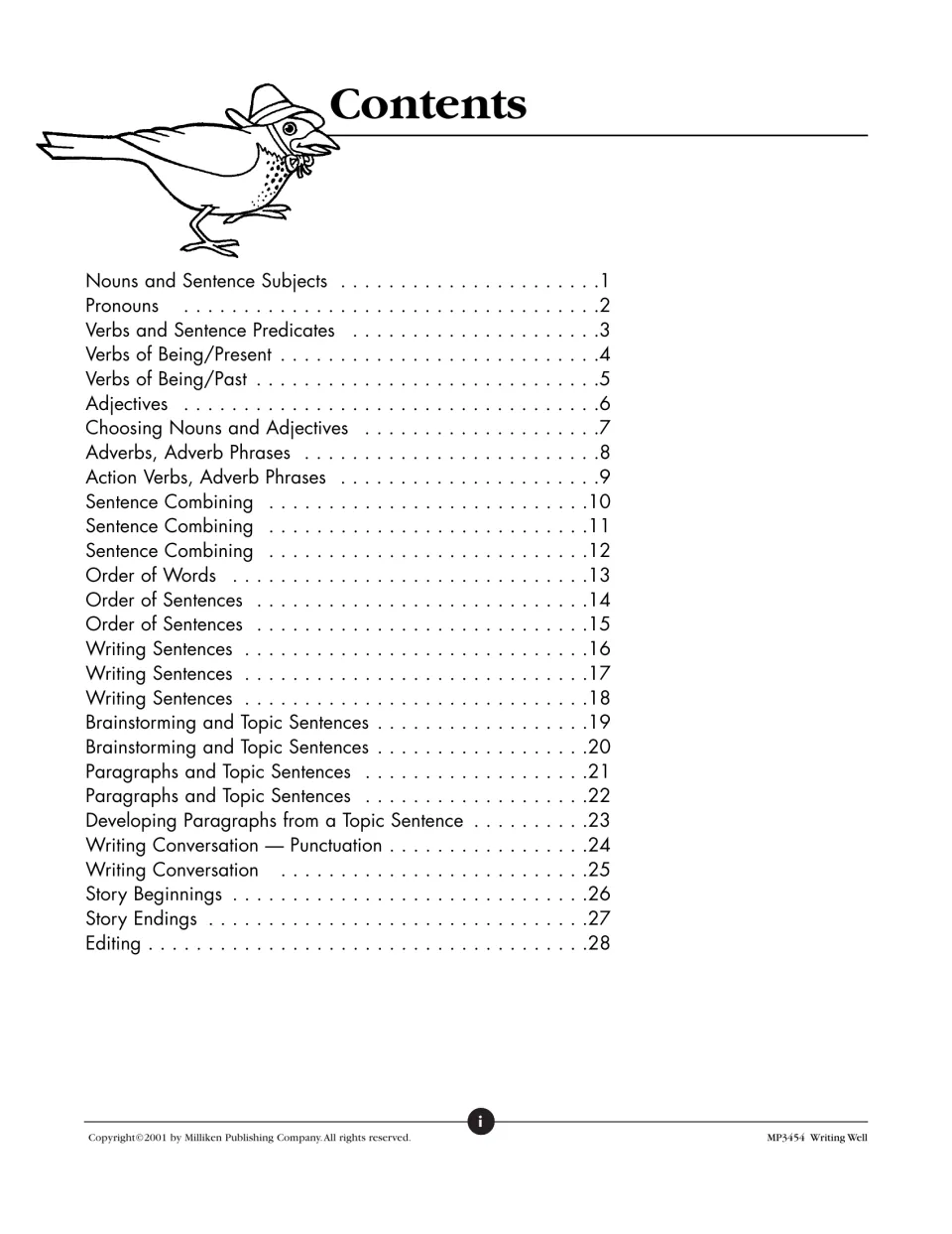 Contents listing 28 pages from nouns and pronouns through sentence combining, paragraphs, conversation and editing