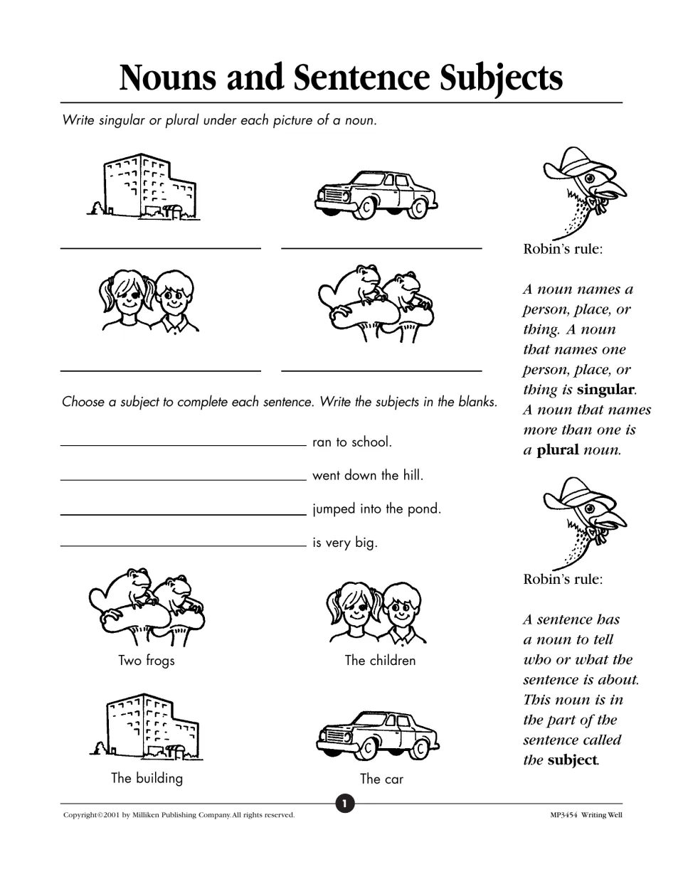 Nouns and sentence subjects: students label four pictures singular or plural, then choose subjects to finish 4 sentences