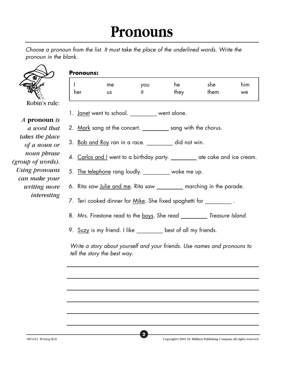 Pronouns: students replace underlined words in 9 sentences with a pronoun from a list, then write a story about friends