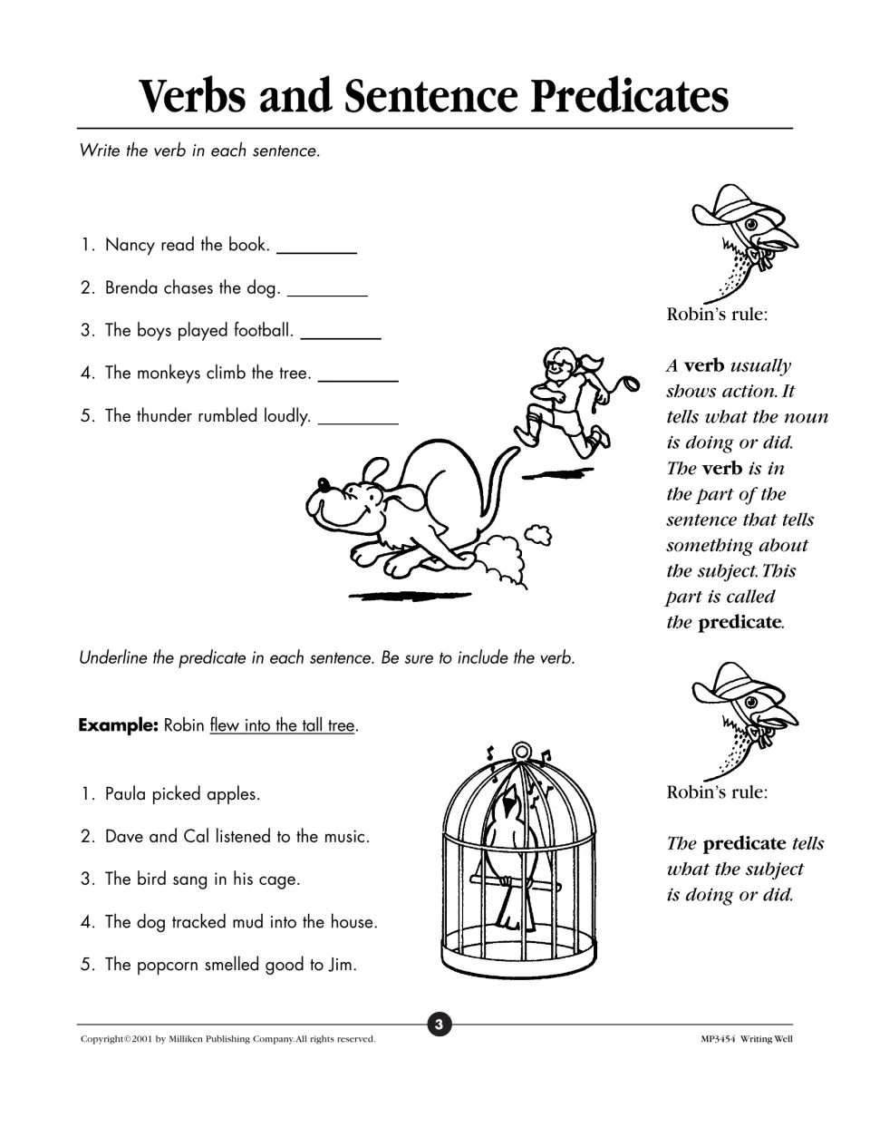 Verbs and sentence predicates: students write the verb in 5 sentences, then underline the predicate in 5 more sentences