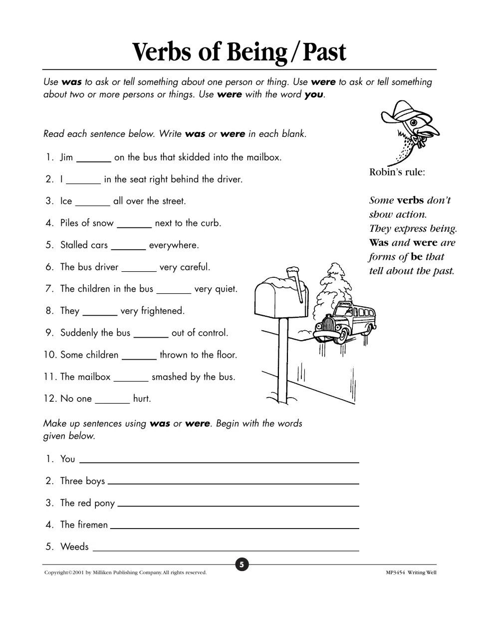 Past verbs of being: students write was or were in 12 sentences about a bus skidding on ice, then finish 5 starters