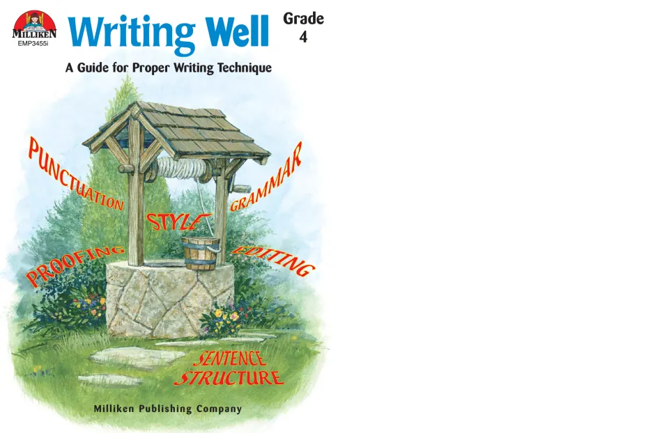 Writing Well Grade 4 cover: an old stone well ringed by the words punctuation, grammar, style, editing and proofing