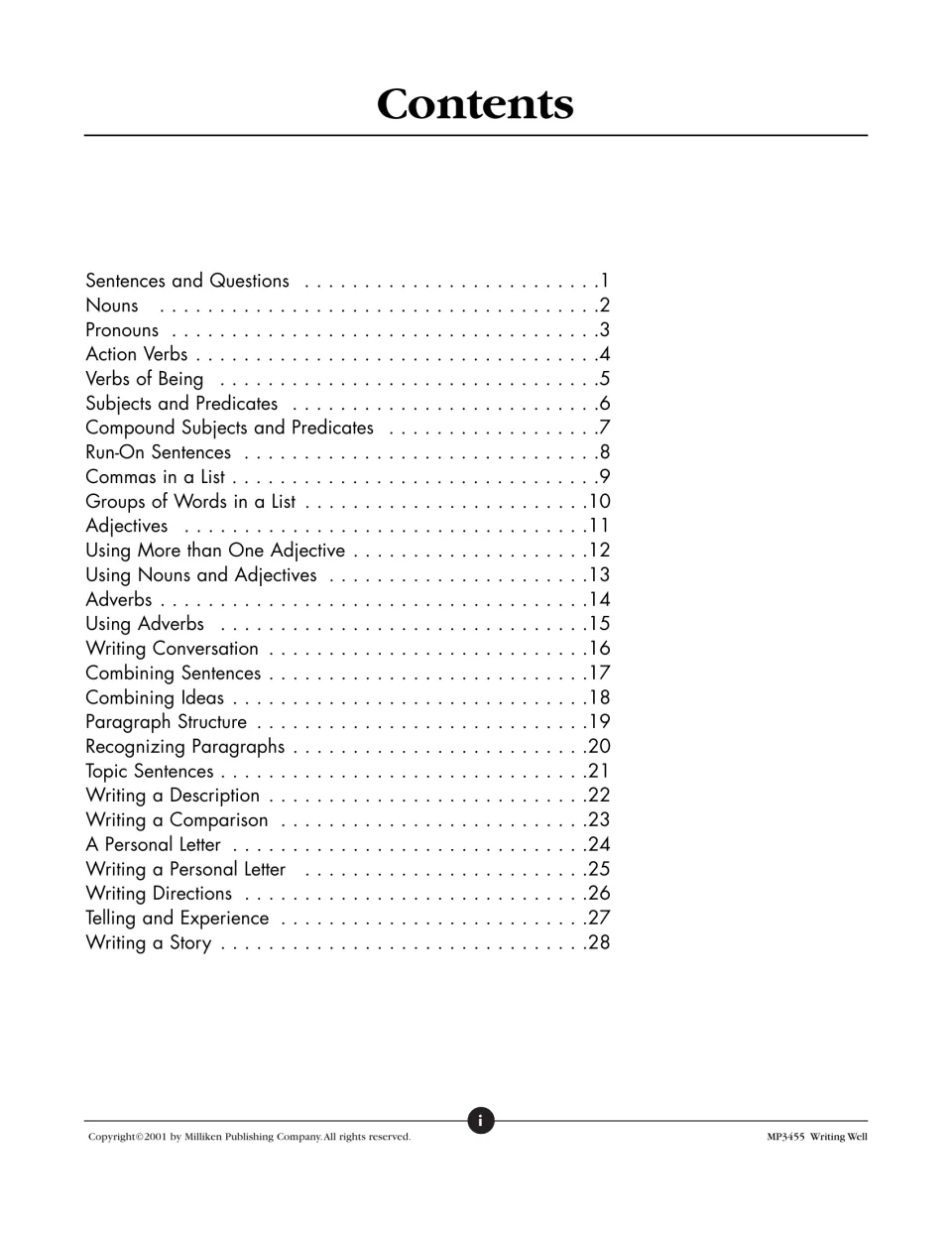 Table of contents listing 28 topics, from Sentences and Questions and Nouns to Writing Directions and Writing a Story