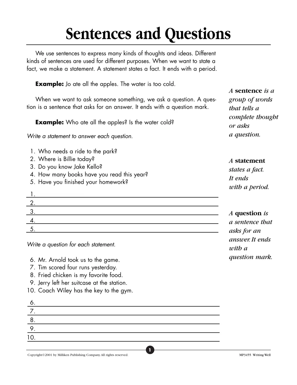 Sentences and questions: students write a statement to answer each of 5 questions, then a question for each of 5 statements