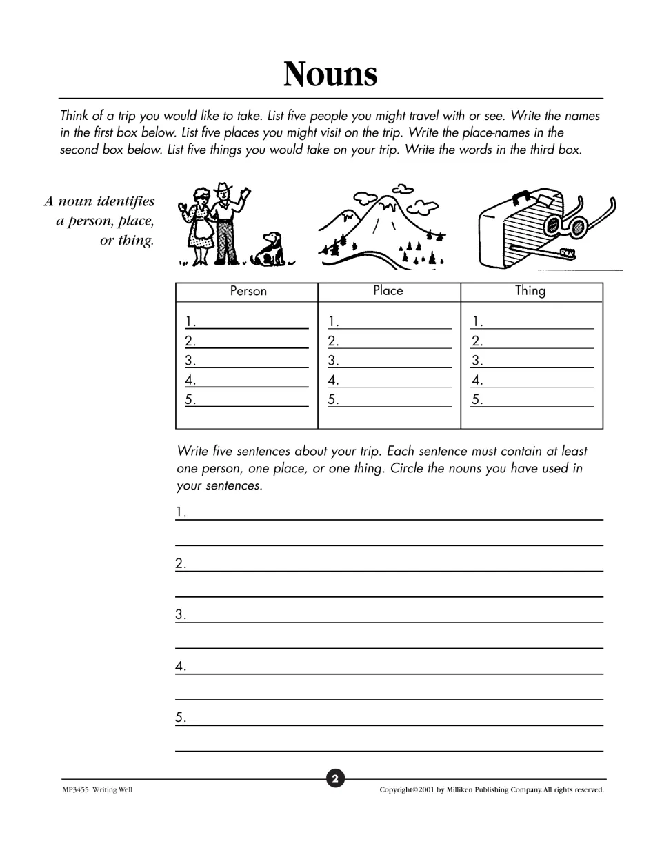 Nouns: students imagine a trip, list five people, places and things, then write five trip sentences and circle the nouns