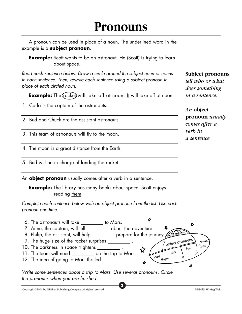 Pronouns: students replace subject nouns with subject pronouns, fill in object pronouns, then write about a Mars trip