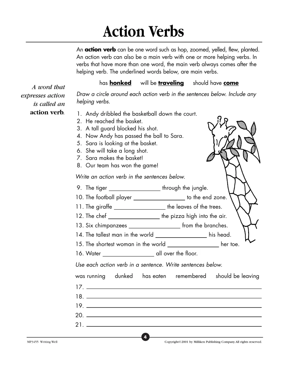 Action verbs: students circle verbs and helpers in basketball sentences, fill in blanks and use 5 given verbs in sentences