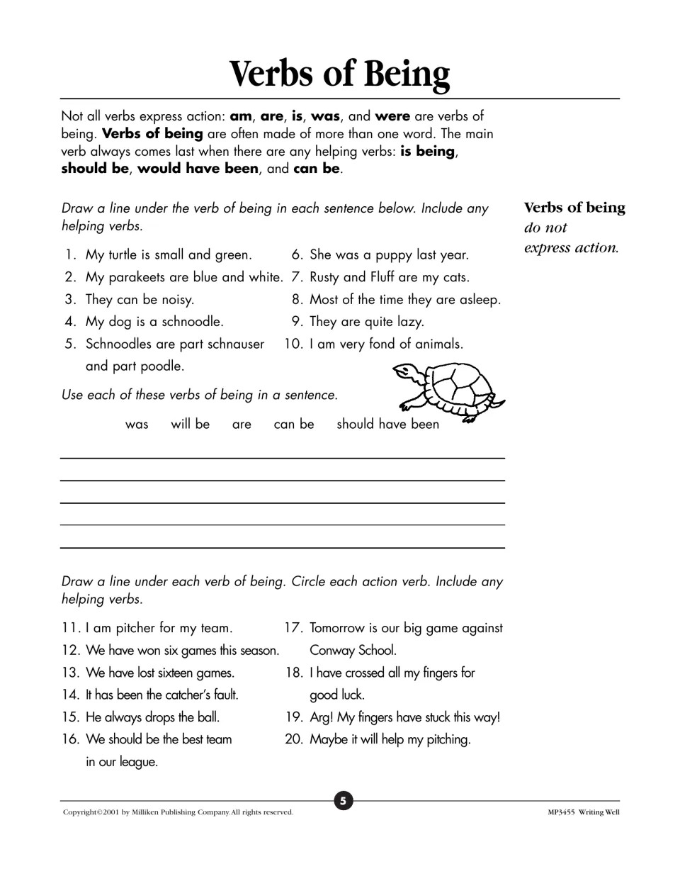 Verbs of being: students underline being verbs in pet sentences, write 5 sentences, then mark being vs action verbs