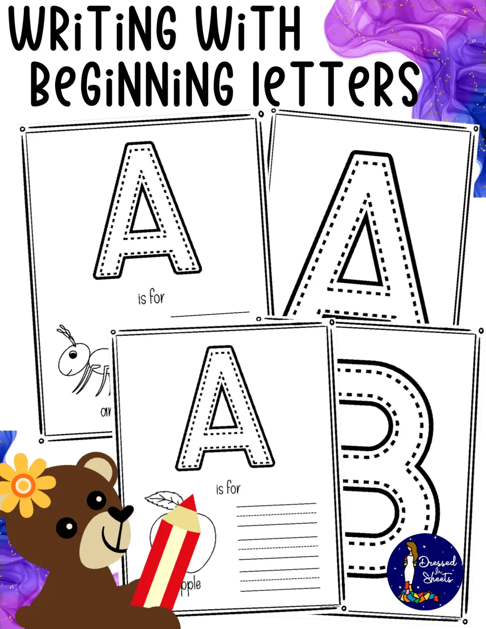 Writing with Beginning Letters cover showing traceable A and B pages, with 'A is for ant' and 'A is for apple' samples