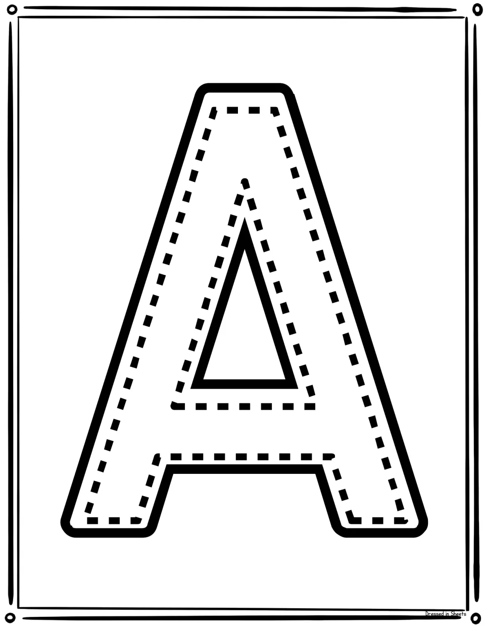 Full-page capital letter A with a dotted path inside so students trace the letter's slanted strokes and crossbar