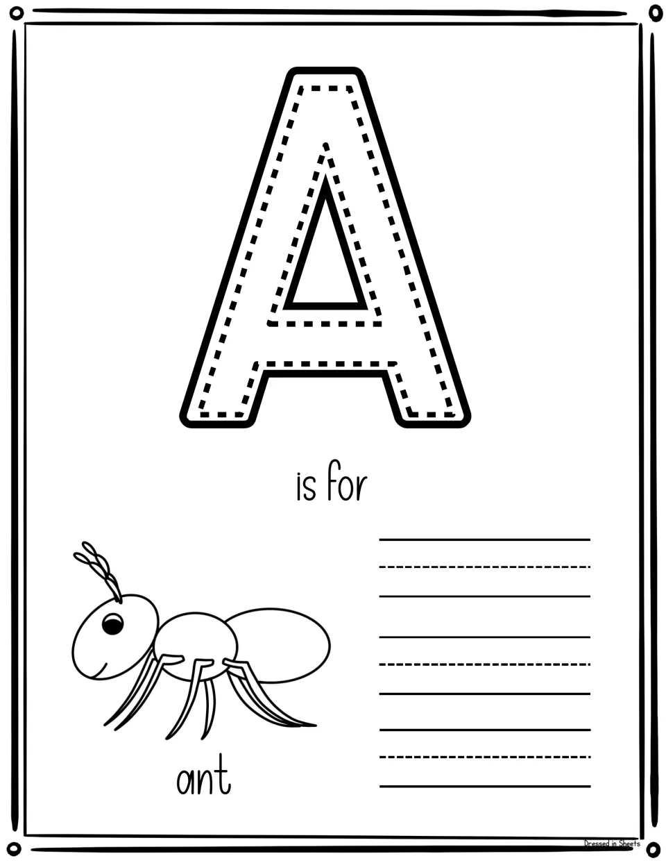 A is for ant: students trace a dotted capital A, then write the word ant beside an ant picture to link letter and sound