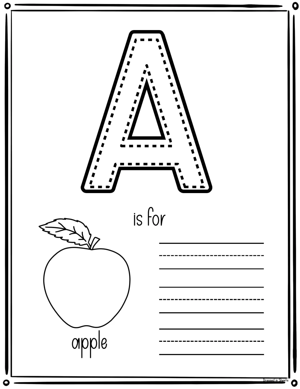 A is for apple: students trace the capital A and write apple next to an apple drawing, practising the beginning A sound
