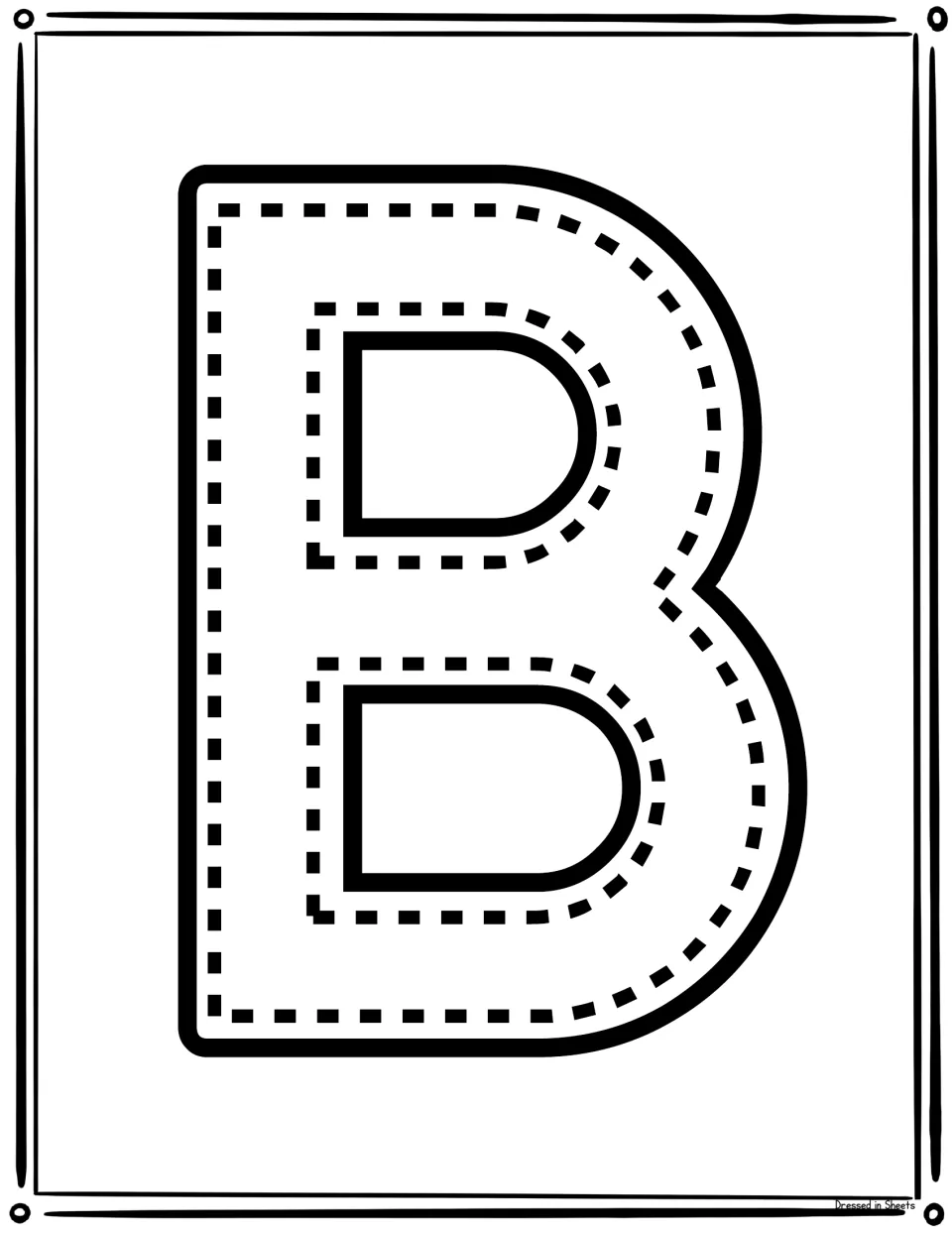 Full-page capital letter B with a dotted path inside for students to trace, practising the shape and strokes of B