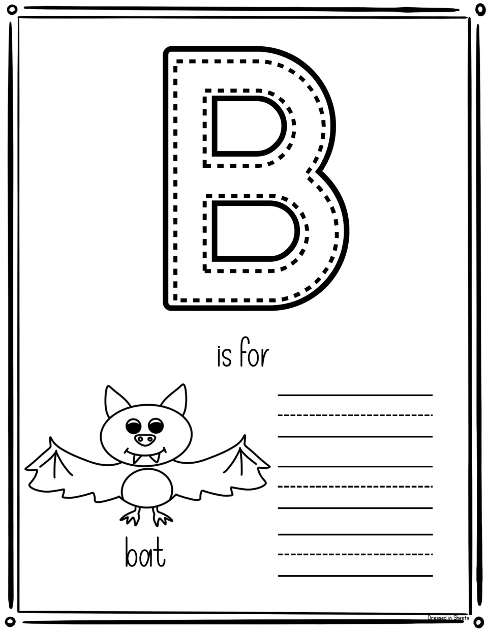 B is for bat: students trace a dotted capital B and copy the word bat beside a cartoon bat to practise the initial B sound