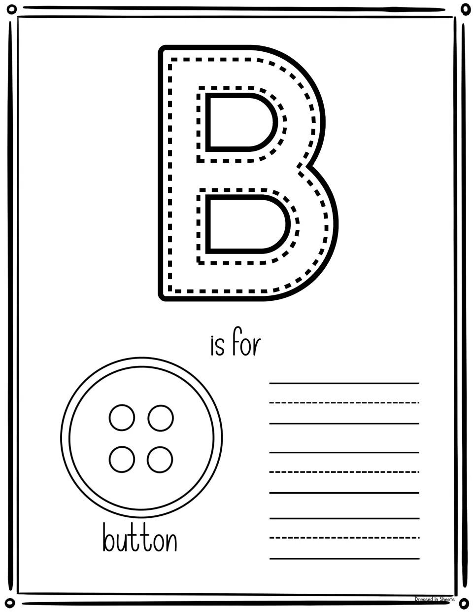 B is for button: students trace the capital B and write button next to a four-hole button picture, matching letter to word