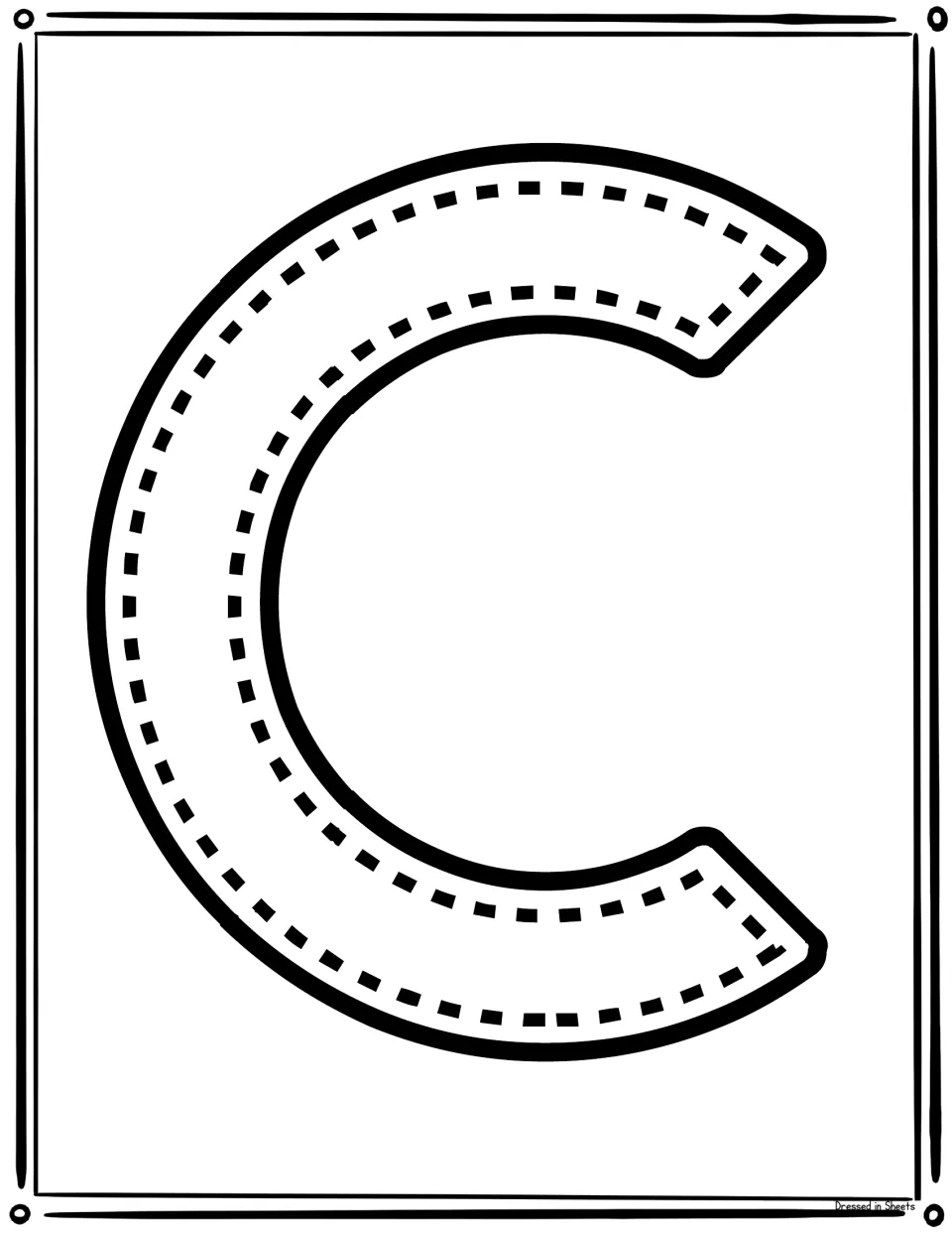 Full-page capital letter C with a dotted path inside so students can trace the curve of the letter and practise forming C