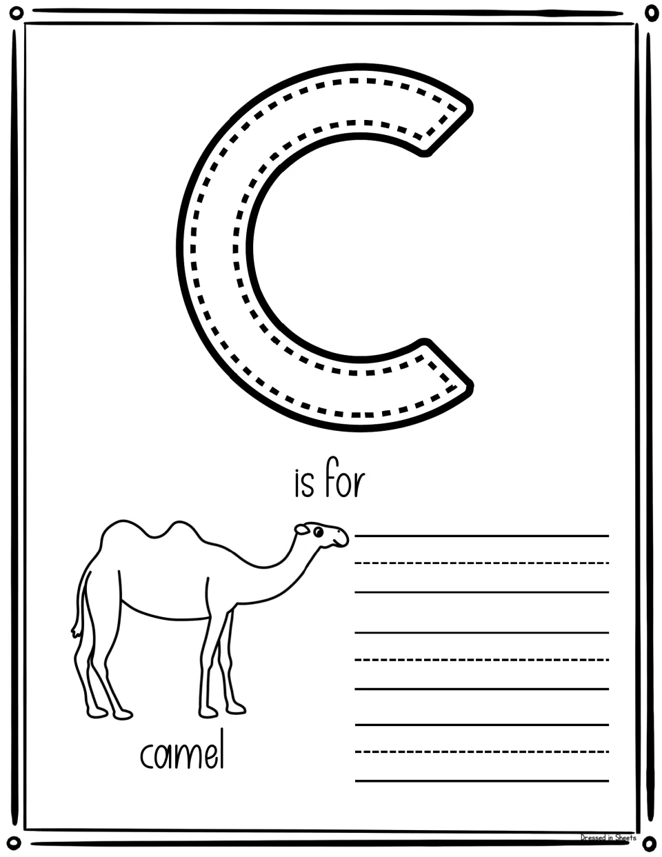 C is for camel: students trace a dotted capital C and copy the word camel beside a camel drawing, practising the C sound