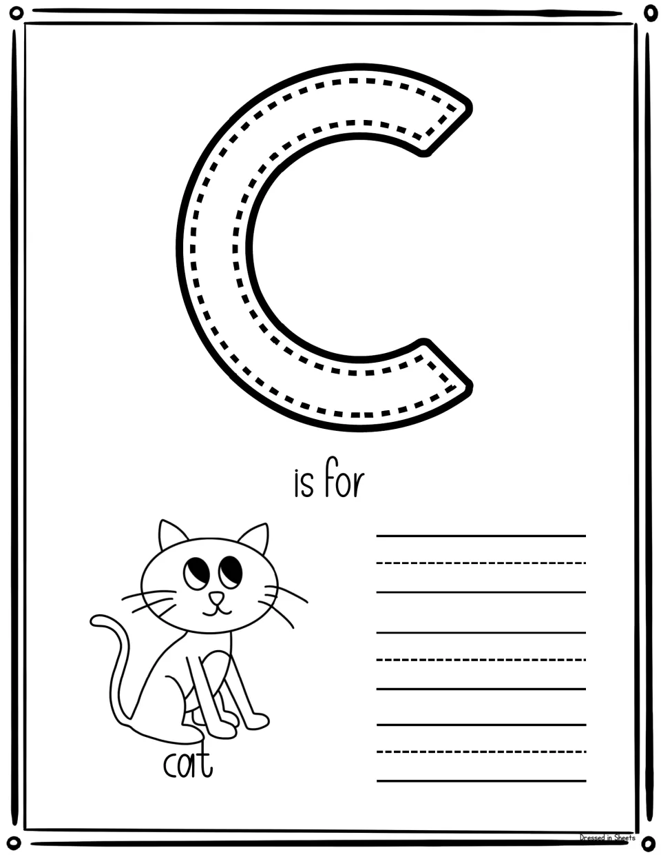 C is for cat: students trace the capital C and write cat next to a sitting cat picture, connecting the letter to its sound