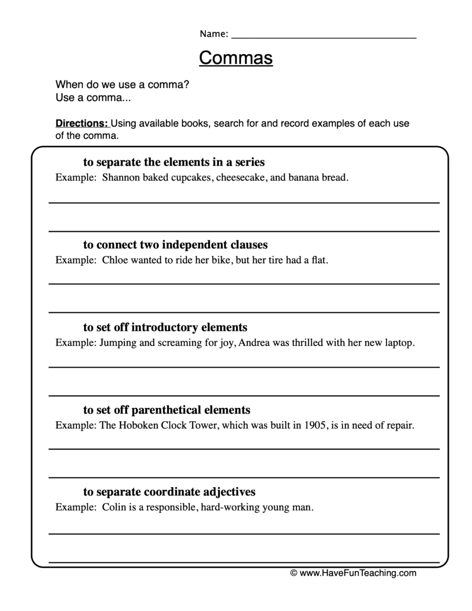 Comma uses: students find book examples of commas in a series, clauses, introductory, parenthetical and adjective uses