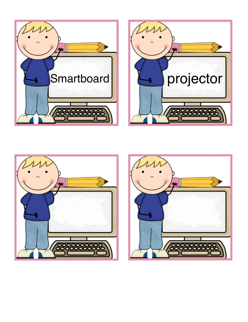 More digital tool cards naming Smartboard and projector, plus two blank cards for adding tools students can write with