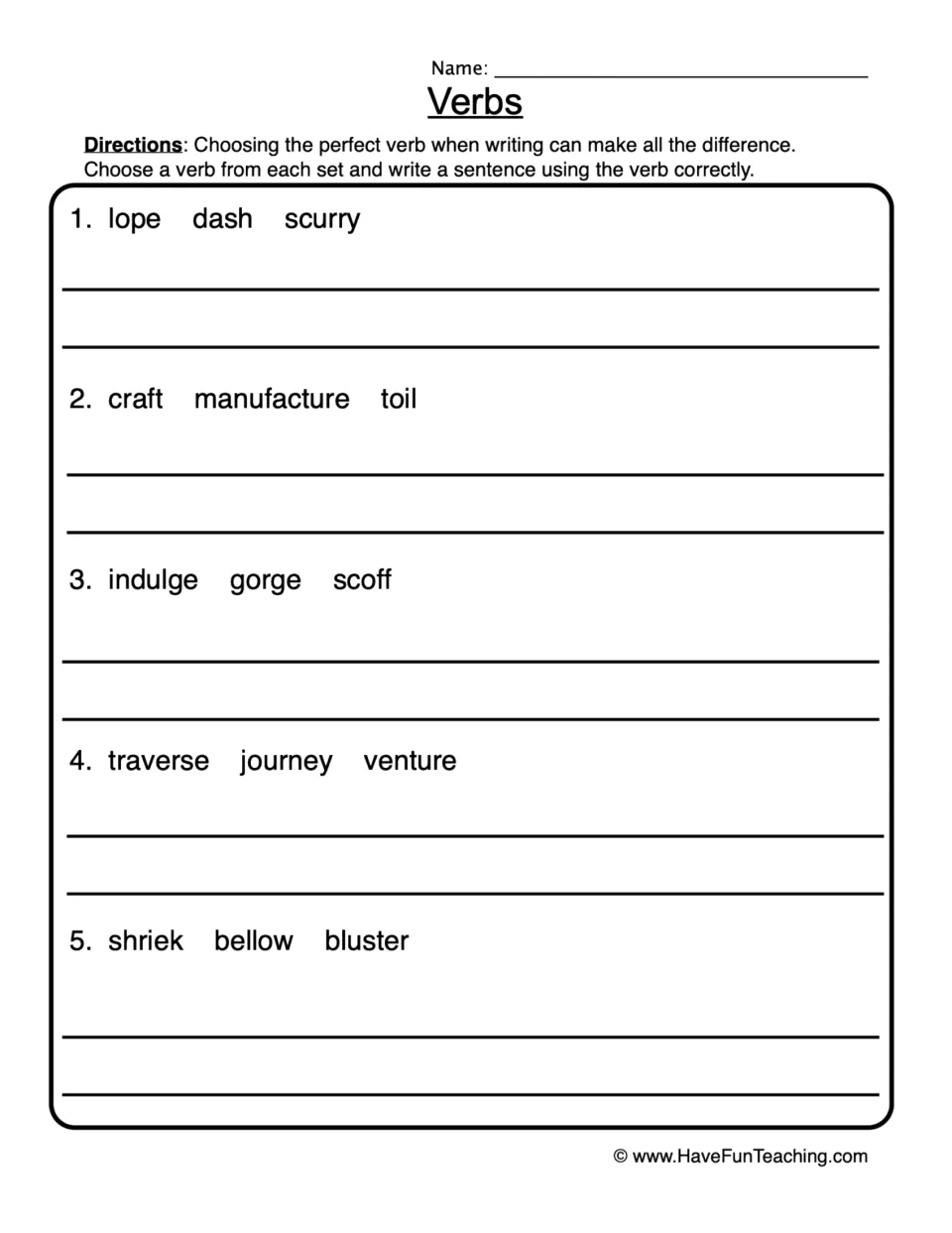 Verb writing practice: choose from five sets, including lope, dash, and scurry, then write sentences.